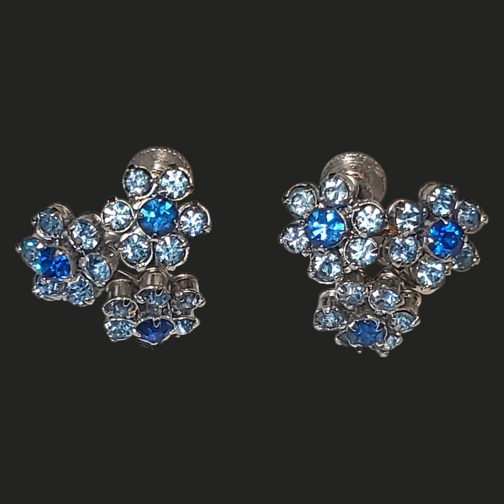 Vintage Coro Signed‎ Blue Rhinestone Flower Screw Back Earrings Riveted